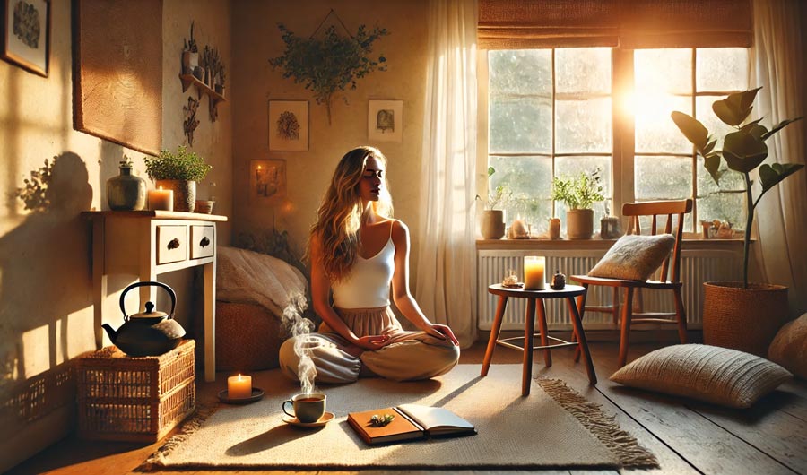 Eine Frau meditiert im Licht der Morgensonne in einem gemütlichen, natürlichen Raum voller Pflanzen, Kerzen und Teetassen, verkörpernd Rituale und Gewohnheiten für Energie und Klarheit.