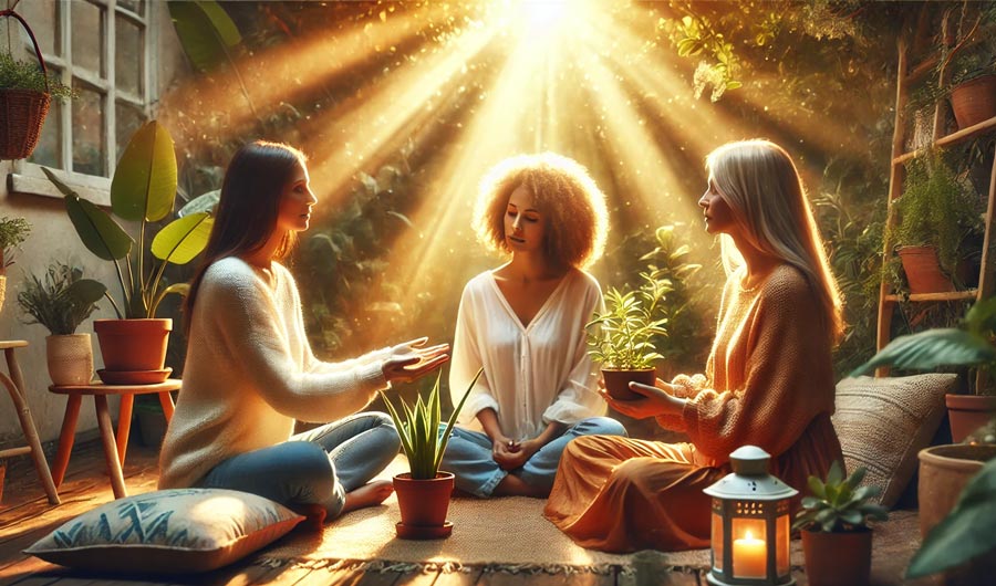 Drei Frauen sitzen in einem von Pflanzen umgebenen Raum, beleuchtet von goldenem Sonnenlicht, und halten entspannte Gespräche. Diese harmonische Umgebung symbolisiert die Verbesserung zwischenmenschlicher Beziehungen und effektive Konfliktlösungen.