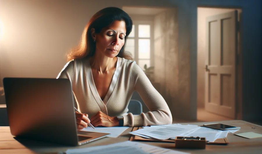 Eine Frau konzentriert sich beim Arbeiten am Schreibtisch in einem schwach beleuchteten Raum, umgeben von einem Laptop, Papieren und einem Smartphone. Symbol für fehelnde Selbstdisziplin und Persönlichkeitsentwicklung.