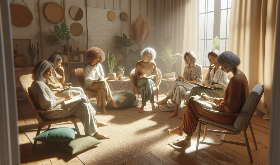 Gruppe von Frauen bei einem Lerntreffen in einem gemütlichen Raum mit natürlichem Licht, Pflanzen und Kissen, symbolisiert kontinuierliches Lernen und persönliches Wachstum.