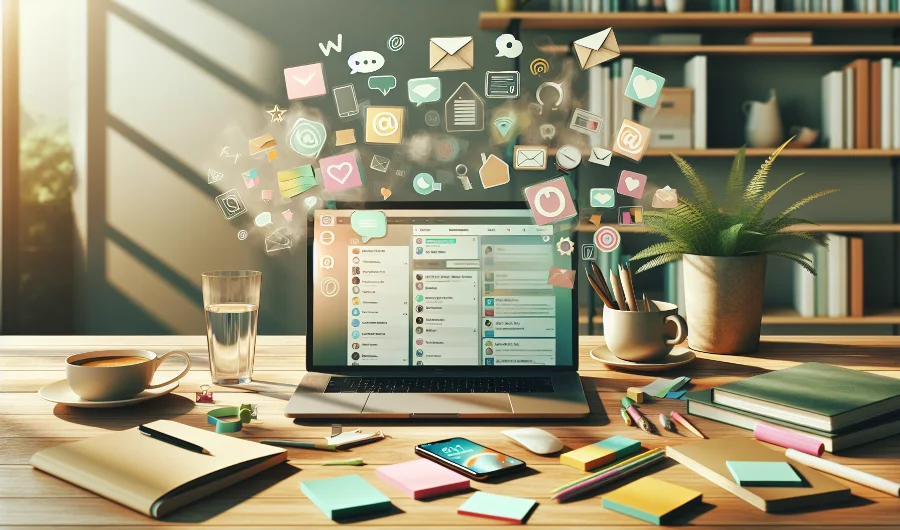 Überladener Schreibtisch mit Laptop, auf dem zahlreiche digitale Benachrichtigungen angezeigt werden, symbolisierend Informationsüberflutung. Im Hintergrund sind Bücherregale und Pflanzen zu sehen, was auf ein Homeoffice Umfeld hinweist. - Überforderung durch Informationsflut