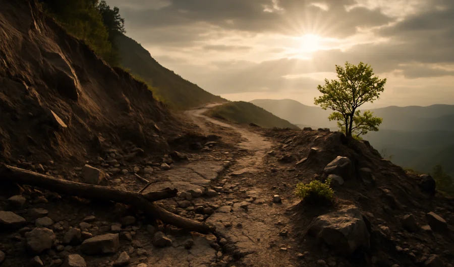 Ein steiniger Pfad auf einem Berg bei Sonnenuntergang, symbolisiert den Weg der Resilienz und Überwindung von Rückschlägen - Rückschläge überwinden