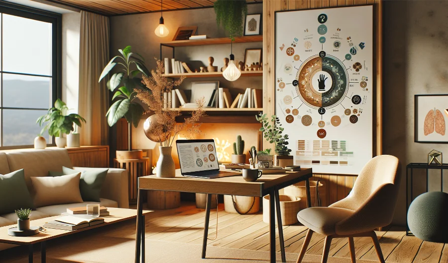 Modernes Wohnzimmer mit Holzverkleidung und großen Fenstern, stilvolle Dekoration mit Pflanzen und einer großen grafischen Darstellung von Persönlichkeitsmodellen auf einem Poster, umgeben von Regalen mit Büchern. Ein Laptop auf einem Schreibtisch zeigt ähnliche Grafiken, ideal für das Studium von Persönlichkeitsmodelle und Archetypen für mehr Selbstvertrauen.