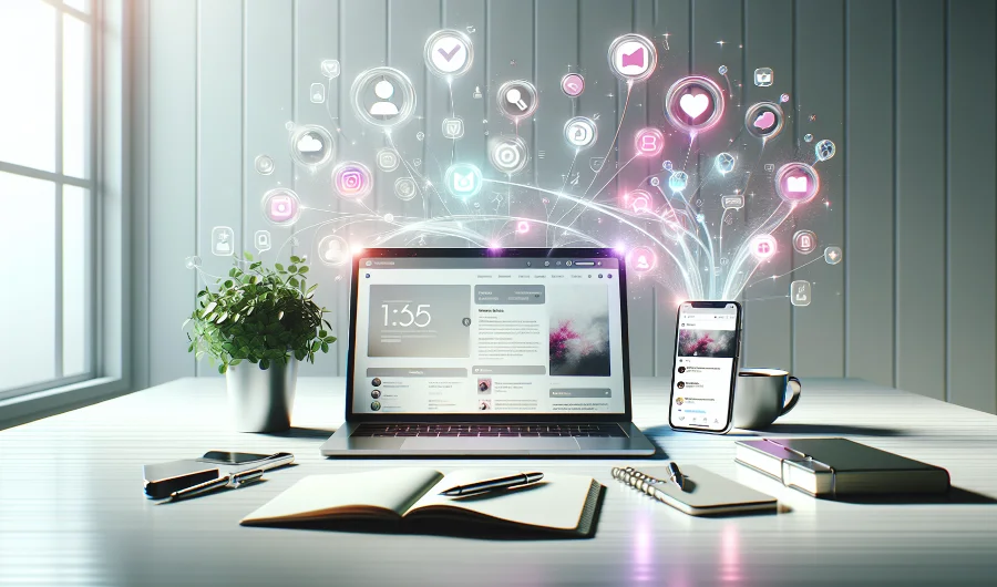 Ein Laptop auf einem Schreibtisch zeigt eine Social-Media-Seite an, mit einem Smartphone daneben. Im Hintergrund schweben bunte Social-Media-Symbole, die Interaktion und Vernetzung symbolisieren. Die Szene reflektiert die Bedeutung einer effektiven Social Media Strategie zur Steigerung des Website-Traffics.