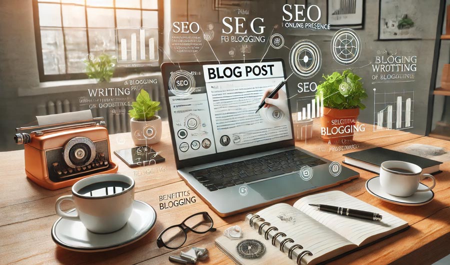 Digitaler Arbeitsplatz mit Laptop, der einen Blog-Beitrag anzeigt, umgeben von Symbolen für SEO und Blogging. Eine Kaffeetasse, Notizbuch, Brille und Pflanzen ergänzen die Szene, die auf die Vorteile eines Blogs für Sichtbarkeit und Expertenpositionierung hinweist.