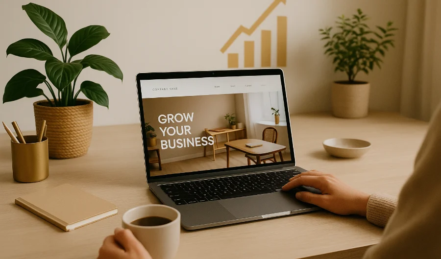 Person arbeitet an Laptop mit Text 'Grow Your Business', Büro im Hintergrund mit Pflanzen, Tasse Kaffee auf dem Tisch, Symbol für steigende Grafik an der Wand, Fokus auf Geschäftswachstum und Kundenakquise - Wettbewerbsvorteil Website
