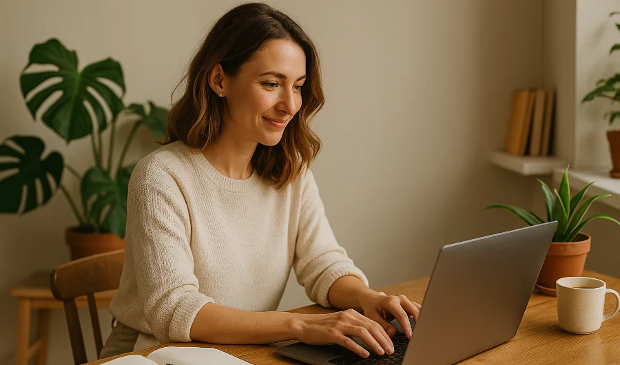 Frau arbeitet lächelnd an einem Laptop, umgeben von Pflanzen und gemütlichem Interieur; Tipps wie du eine anziehende Website selbst erstellen kannst.