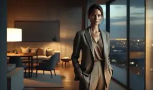 Eine gut gekleidete, erfolgreiche Frau steht allein in einem modernen, minimalistischen Apartment am frühen Abend. Durch die große Fensterfront ist eine beleuchtete Stadtlandschaft zu sehen. Die warme Innenbeleuchtung kontrastiert mit den kühlen Blautönen des Himmels draußen. Ihr Blick wirkt ruhig und nachdenklich, fast distanziert. Das Bild vermittelt eine Sinnkrise trotz Erfolg: äußere Stabilität und Kontrolle stehen einer inneren Leere und stillen Orientierungssuche gegenüber.