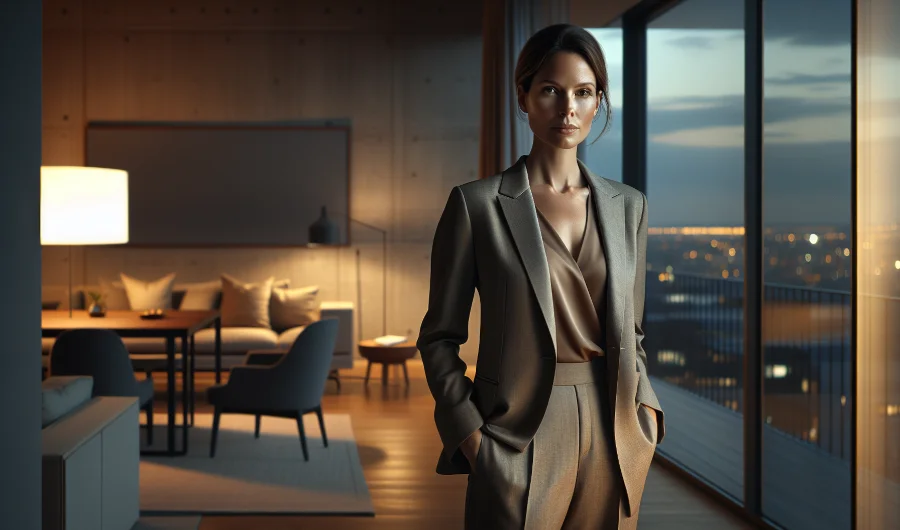 Eine gut gekleidete, erfolgreiche Frau steht allein in einem modernen, minimalistischen Apartment am frühen Abend. Durch die große Fensterfront ist eine beleuchtete Stadtlandschaft zu sehen. Die warme Innenbeleuchtung kontrastiert mit den kühlen Blautönen des Himmels draußen. Ihr Blick wirkt ruhig und nachdenklich, fast distanziert. Das Bild vermittelt eine Sinnkrise trotz Erfolg: äußere Stabilität und Kontrolle stehen einer inneren Leere und stillen Orientierungssuche gegenüber.